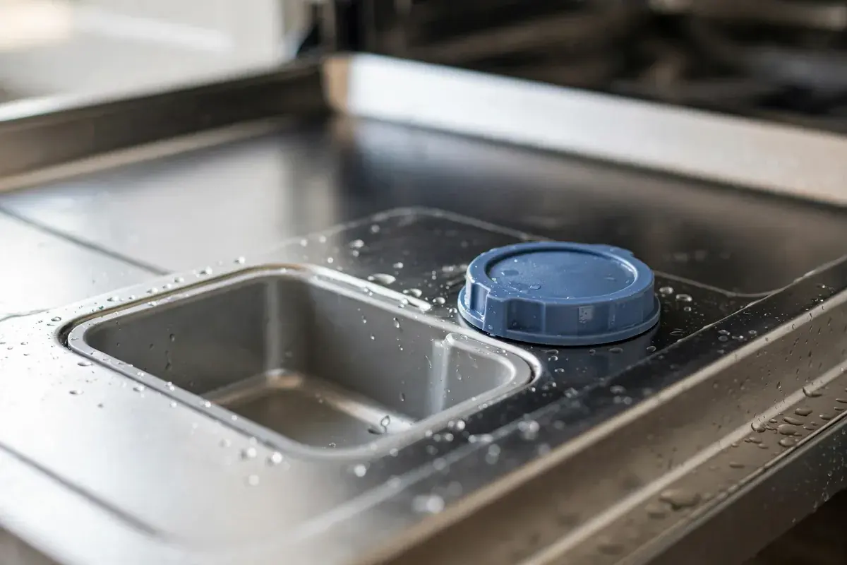 Rinse aid dispenser cap on the inside door of an open dishwasher