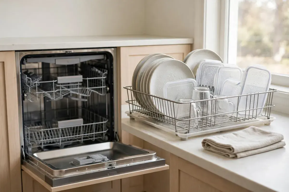 Kitchen counter with damp plates and plastic containers on a dish rack beside the dishwasher