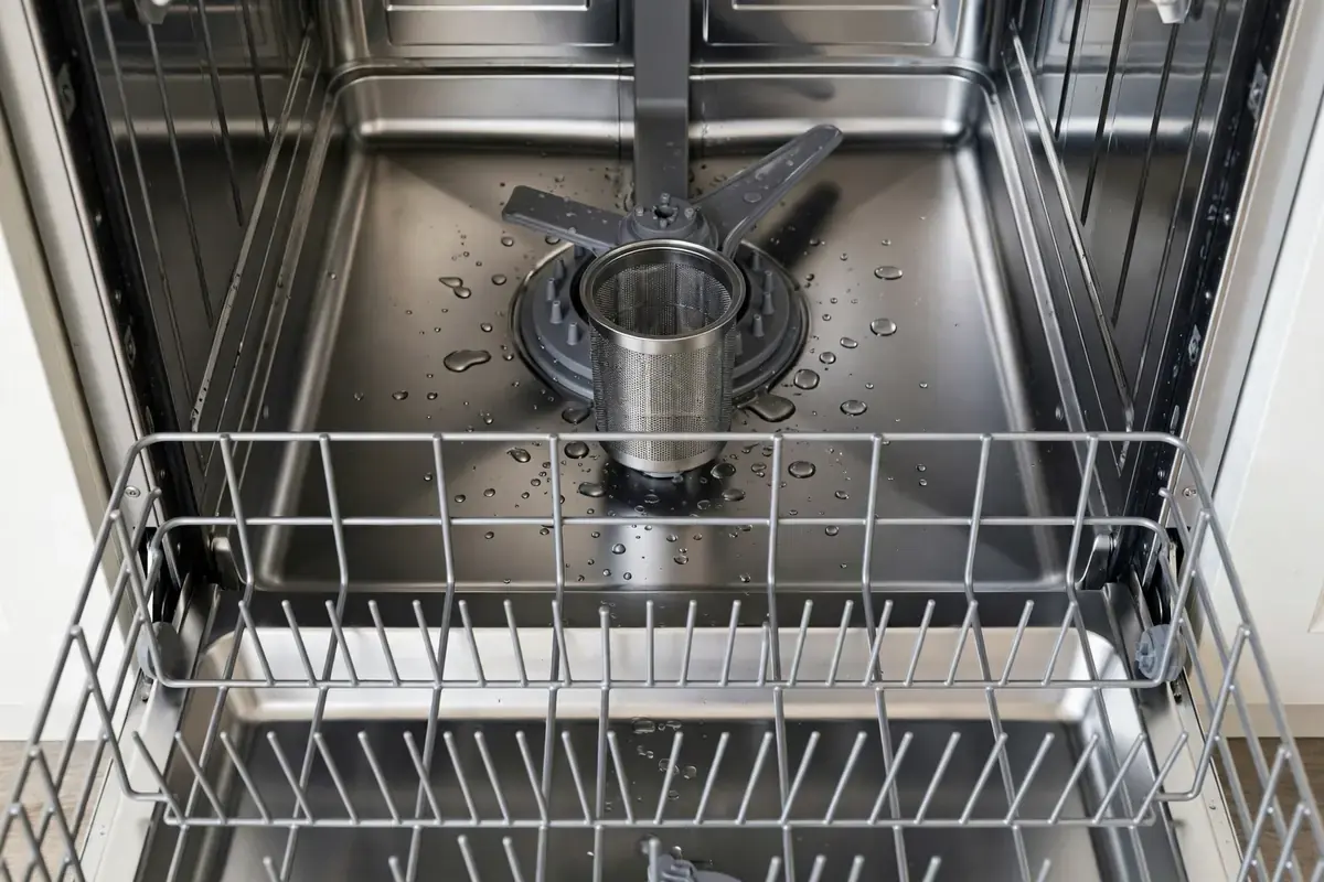 Open dishwasher with the lower rack pulled out, showing the round sump filter
