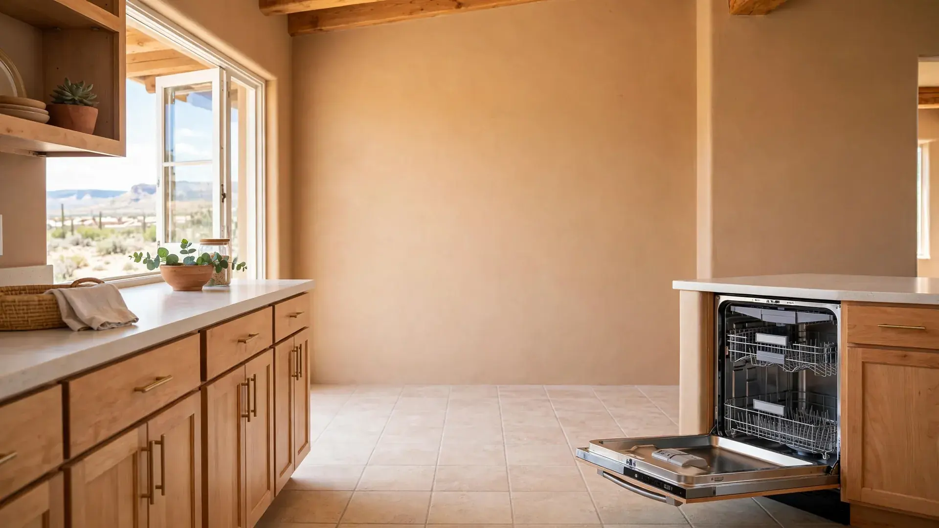 Built-in stainless steel dishwasher with the door slightly open in a bright Southwestern kitchen