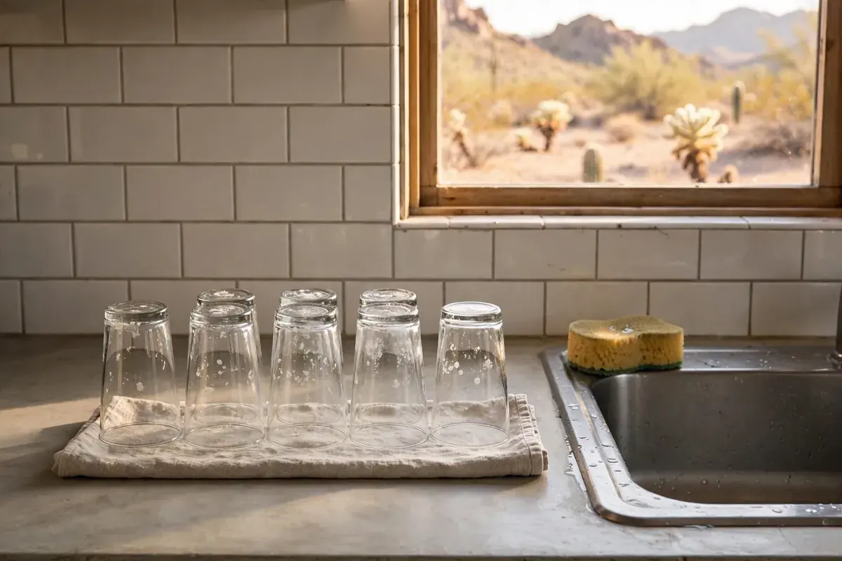 Clean drinking glasses with faint white mineral spots beside a kitchen sink
