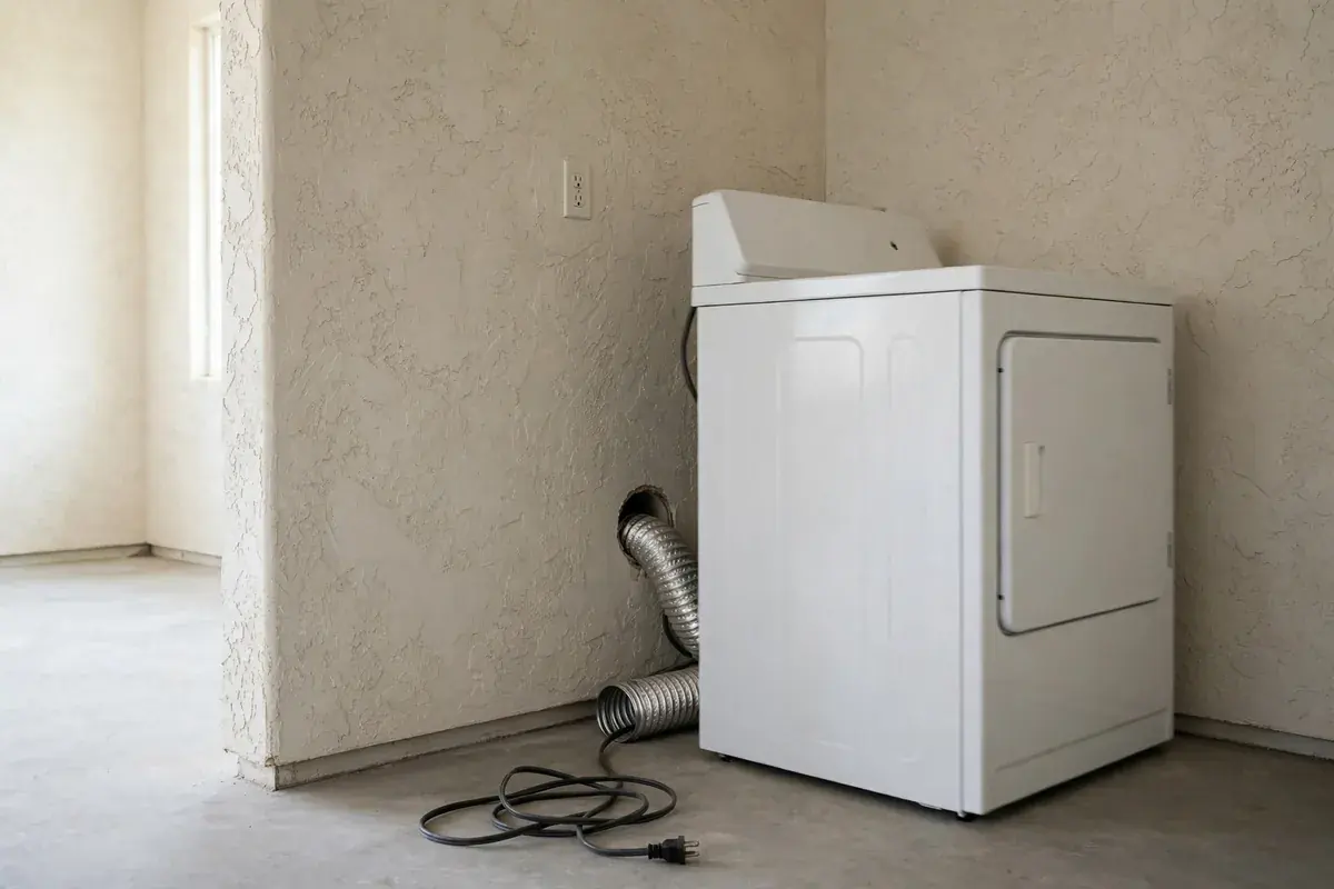 Laundry room with a dryer pulled forward, power cord unplugged on the floor