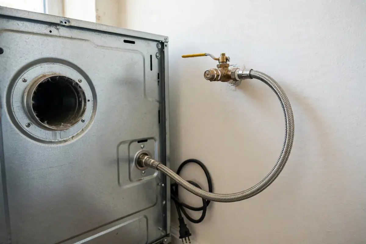 Back of a gas dryer showing the gas shutoff valve and braided connector