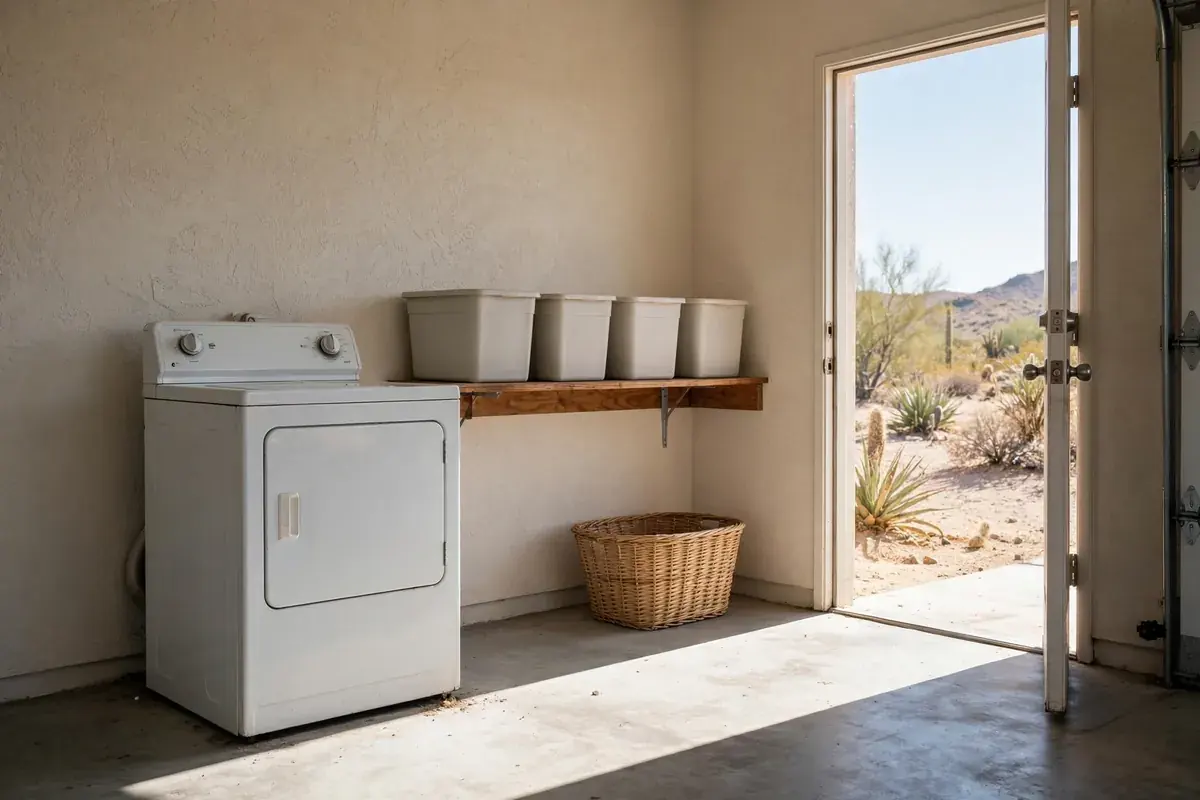 Garage utility corner with an older white dryer on a concrete floor