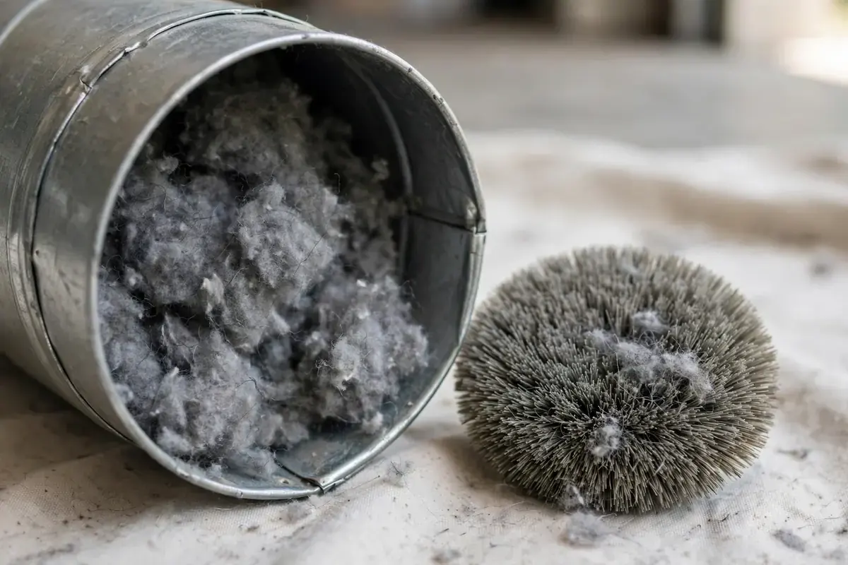 Lint-packed end of a metal dryer duct beside a round vent brush head