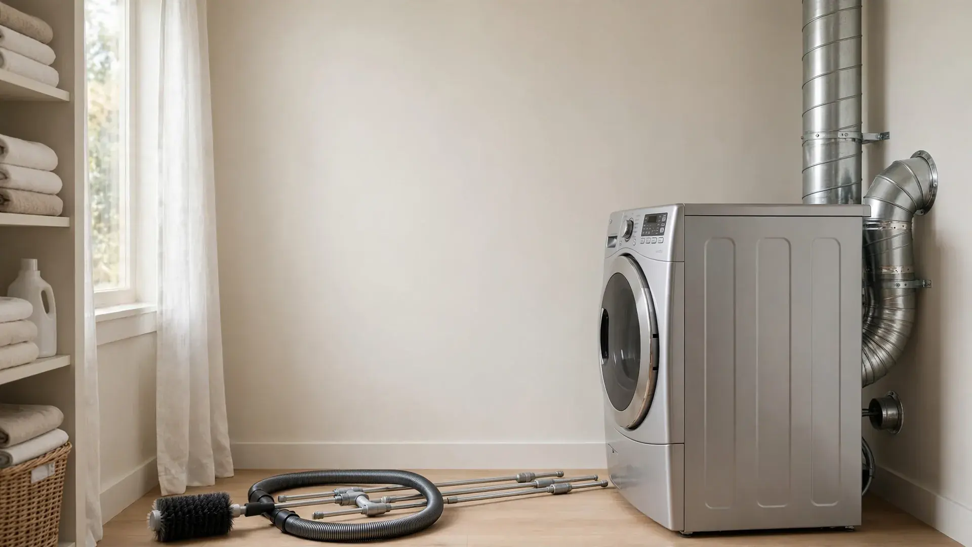 Flexible brush and rods beside a pulled-out dryer showing the metal vent duct on the wall