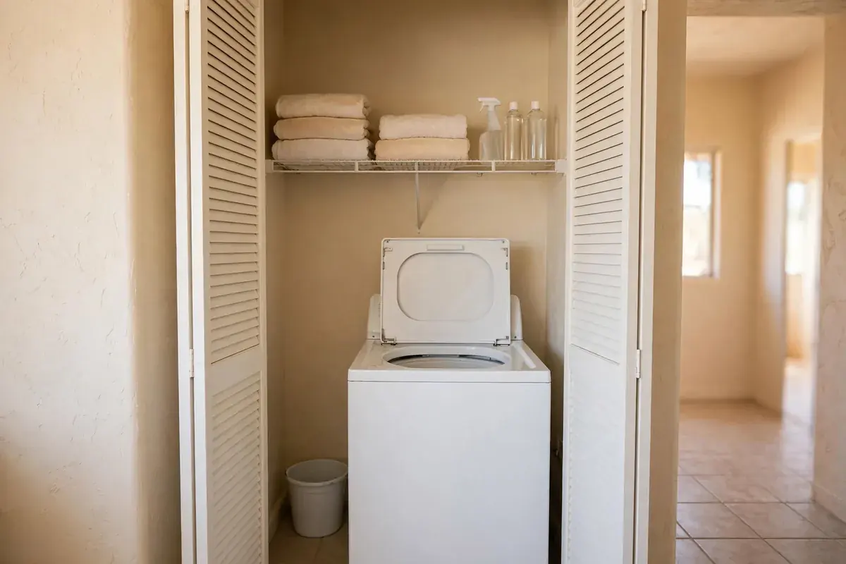 Laundry closet with open bifold doors and a top load washer inside