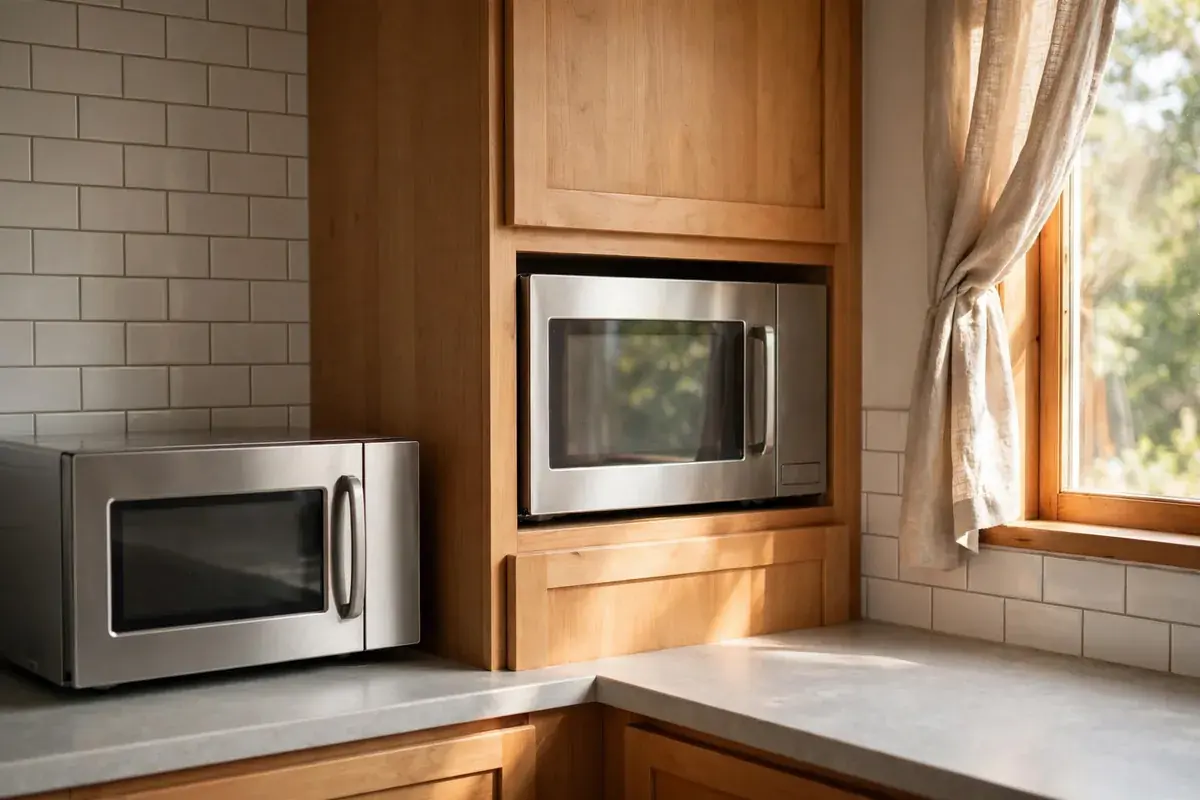 Kitchen corner with a countertop microwave beside a built-in wall microwave