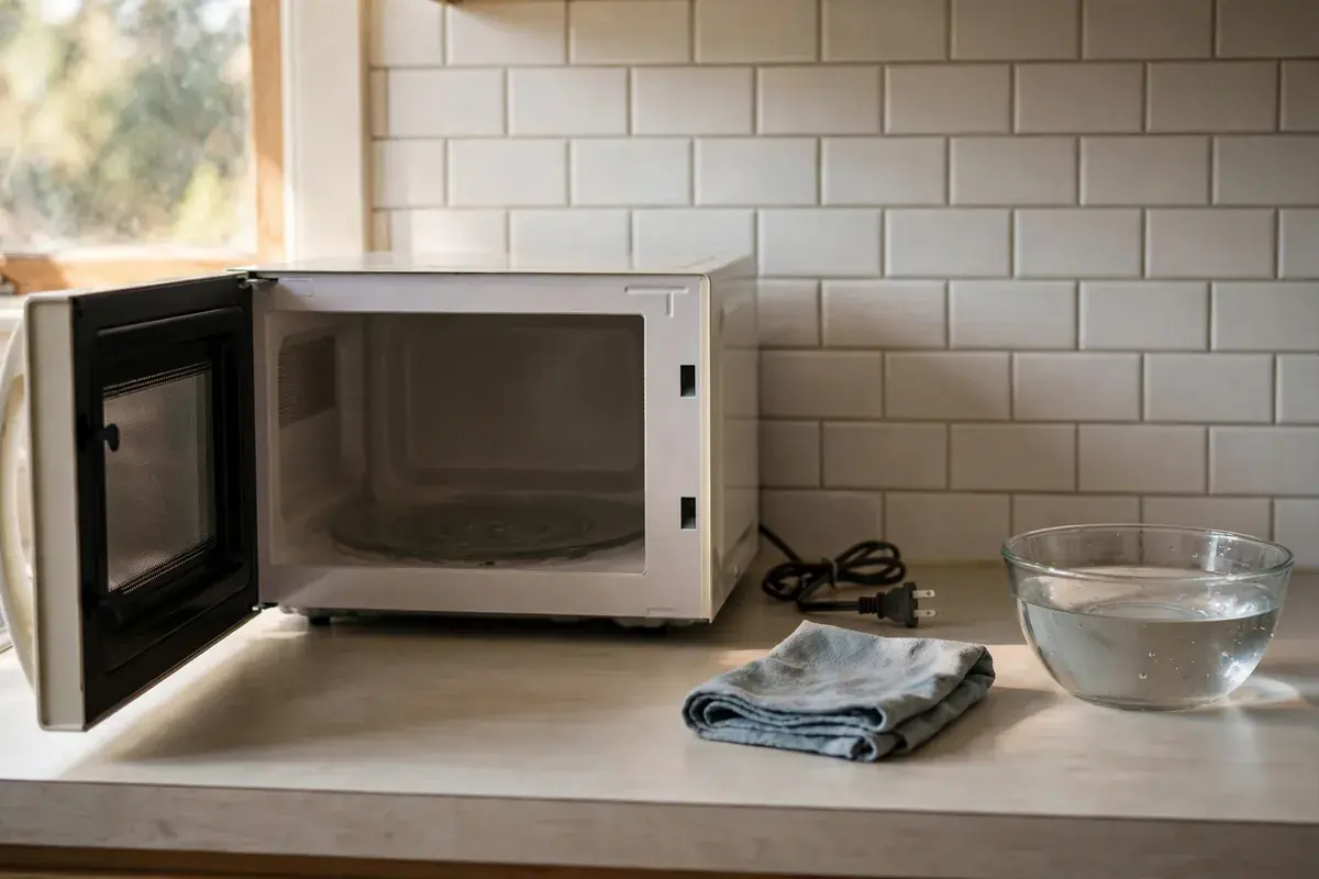 Unplugged countertop microwave with the door open beside a damp cloth and a bowl of water