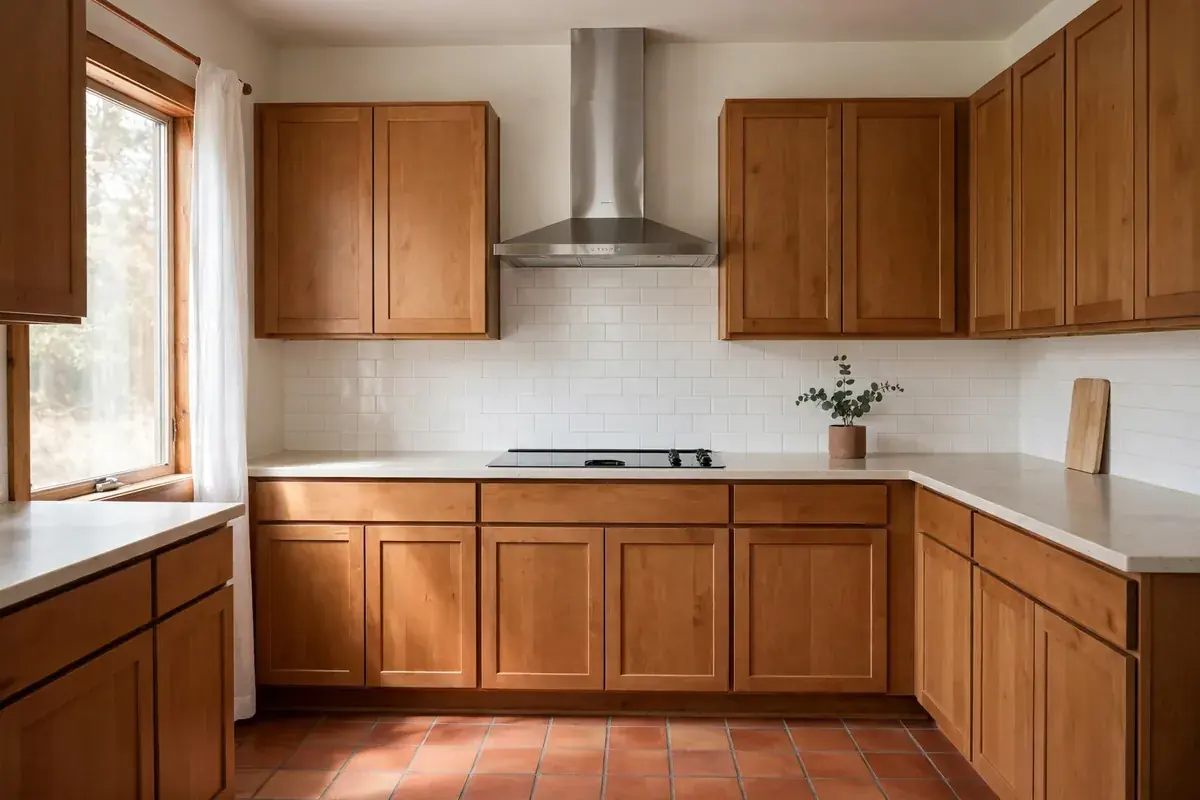 Kitchen with an electric smooth-top range under a stainless range hood