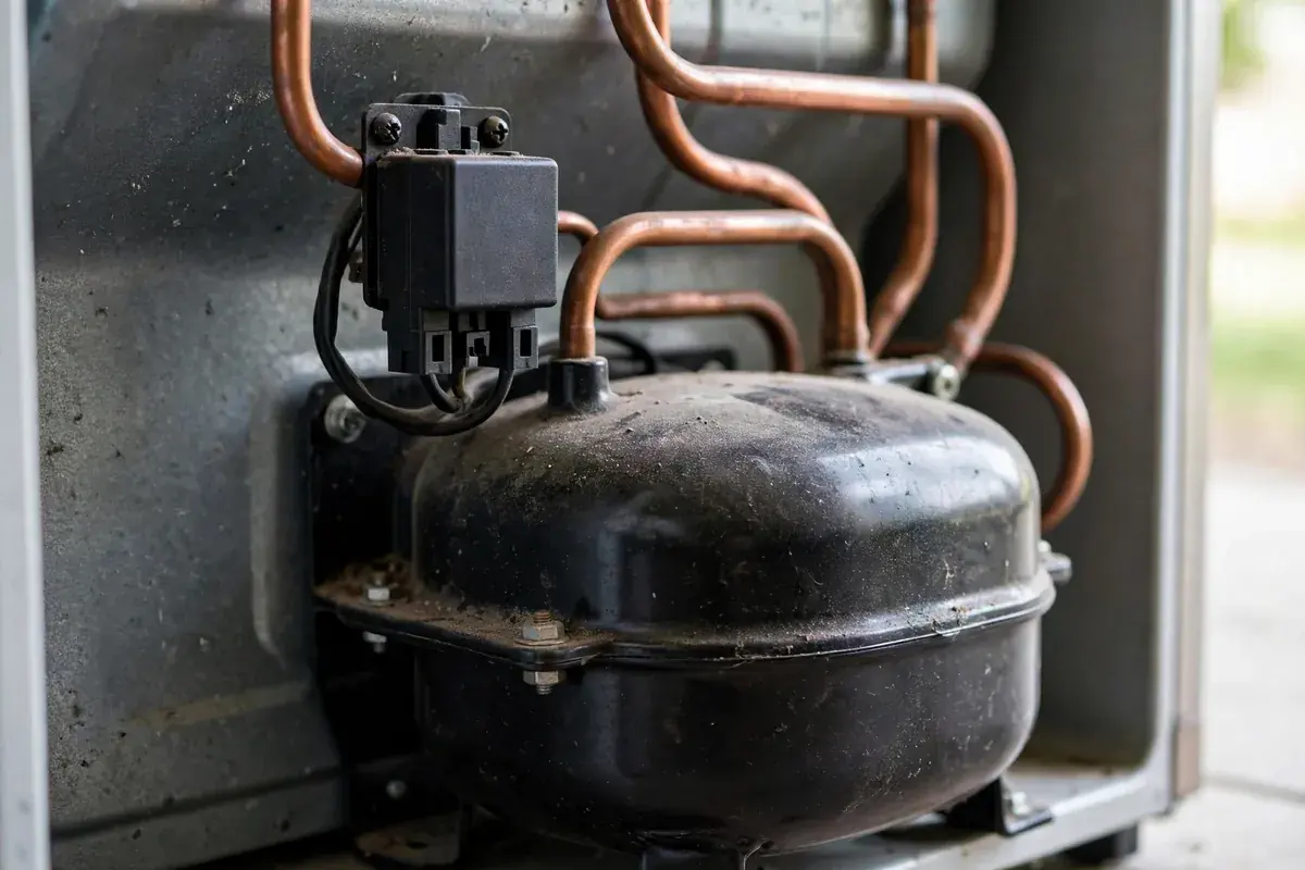 Compressor and black start relay at the lower back of a refrigerator