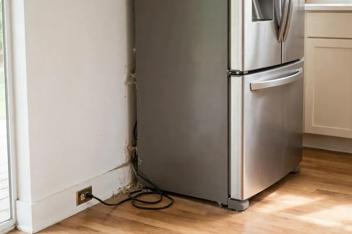 Refrigerator pulled slightly from the wall showing a dusty gap behind it