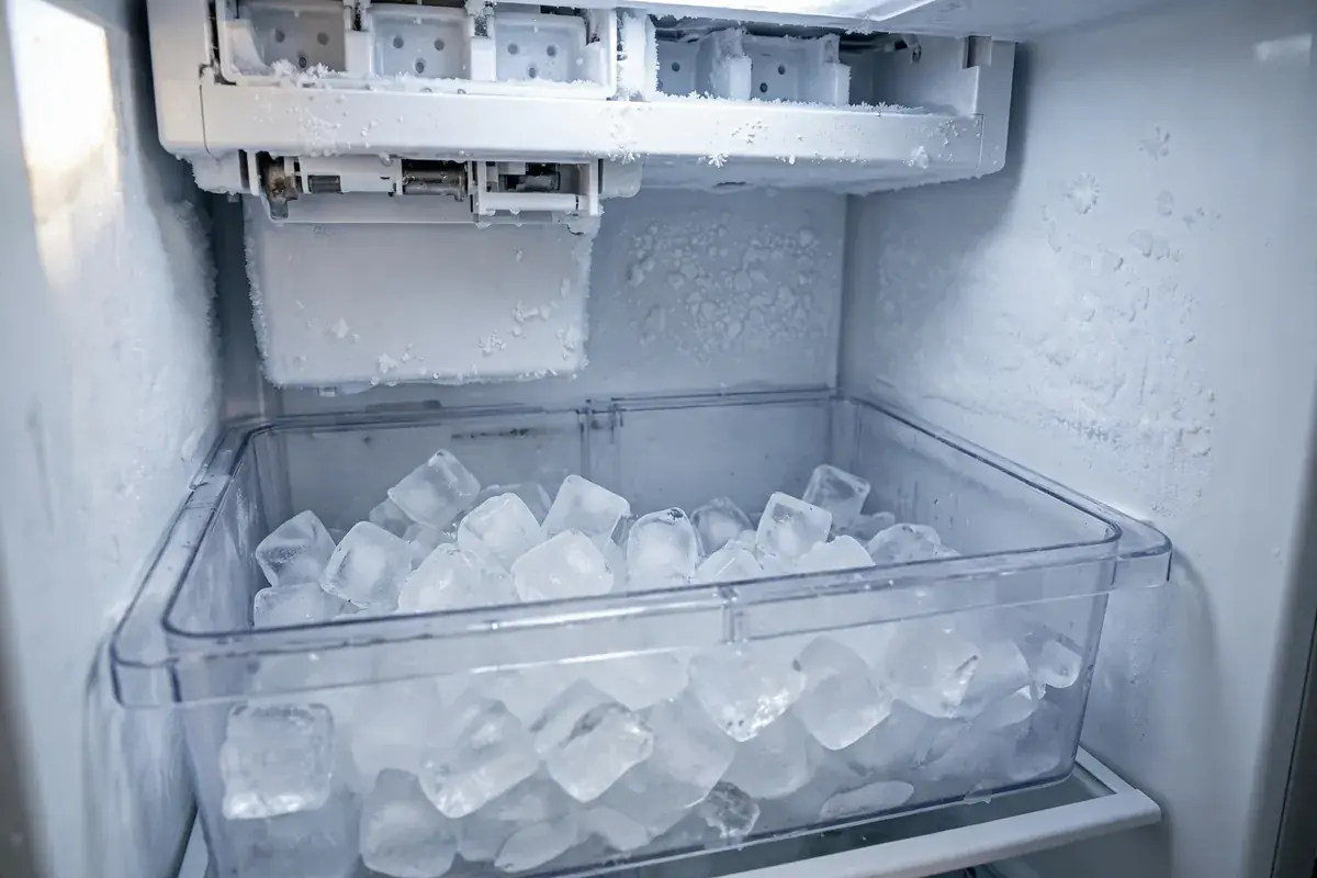 Freezer interior with an automatic ice maker and a nearly full ice bin