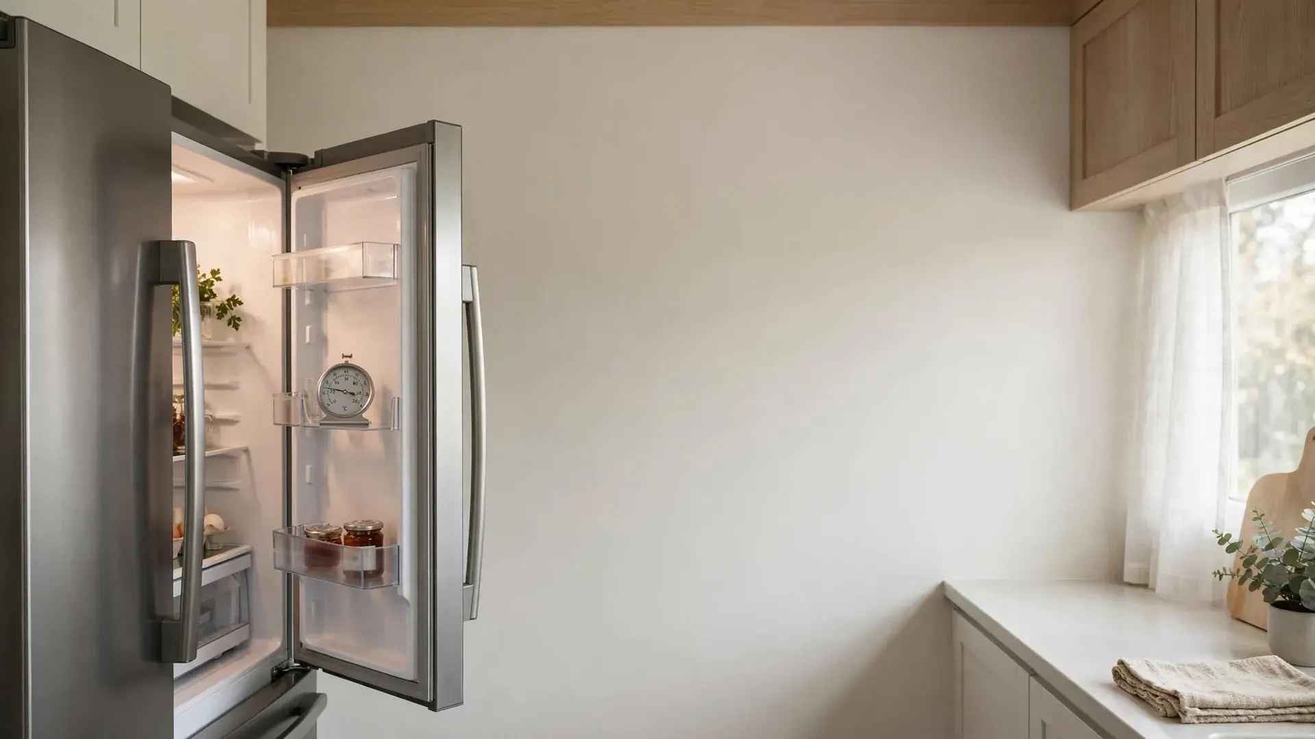 Stainless steel side by side refrigerator in a tidy home kitchen