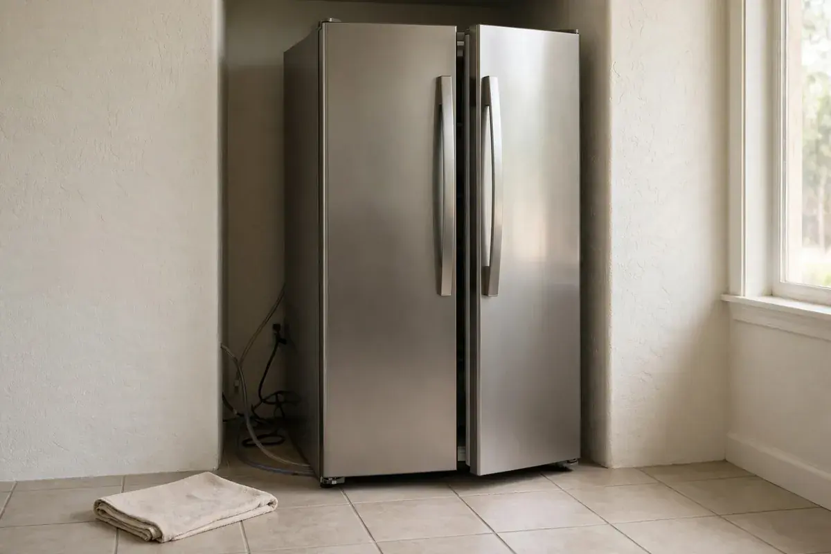 Side-by-side refrigerator pulled forward from the wall on a tile kitchen floor