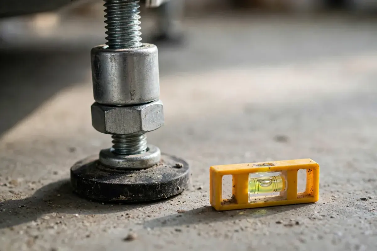 Adjustable front foot of a washer with a locking nut on a concrete floor