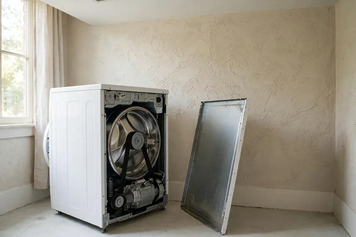 Washer pulled out from the wall with its back panel leaning beside it