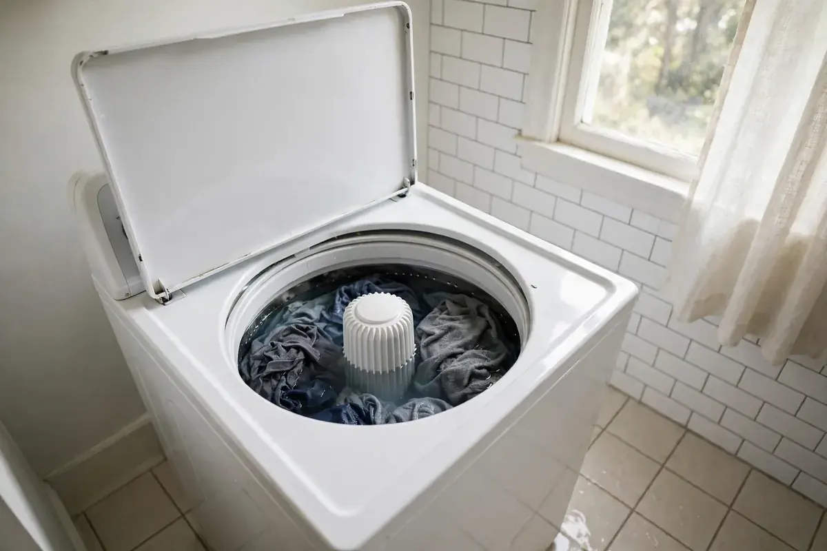 Top load washer with the lid up and the drum full of still water and clothes